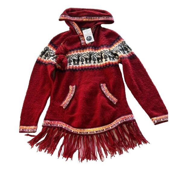 Alpaca Connection Made in Peru Women's Small Fringe Hooded Red Sweater NEW - Picture 1 of 9